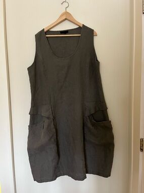 Kokomarina Grey 100% Linen Patch Pocket Tulip Balloon Hem Midi Dress